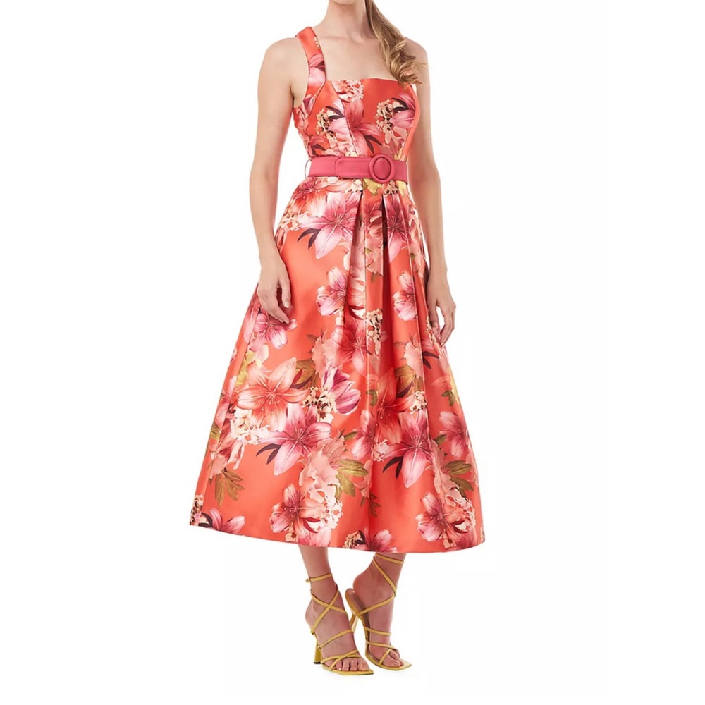 Kay Unger Morgana Flared Floral Belted Midi Dress 8 Note: No Belt